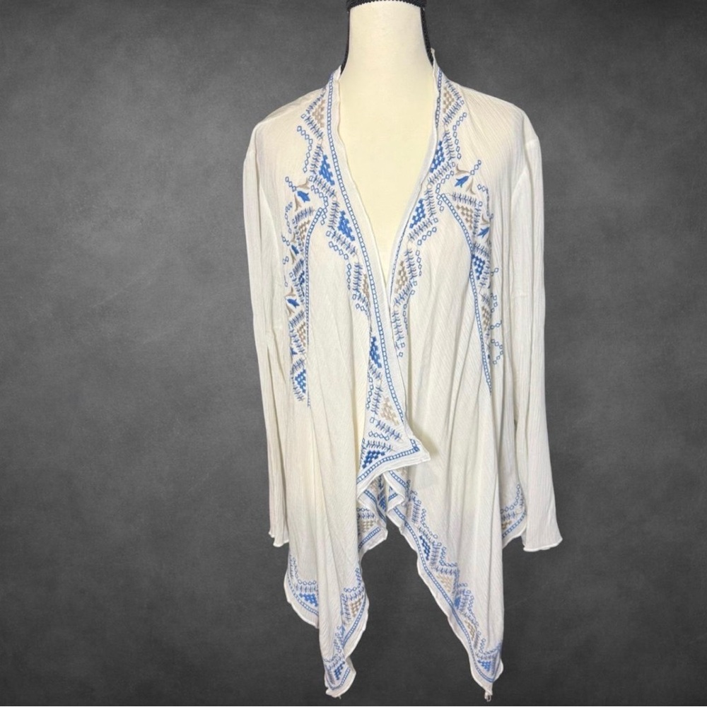 Embroidered Open Front White Cardigan